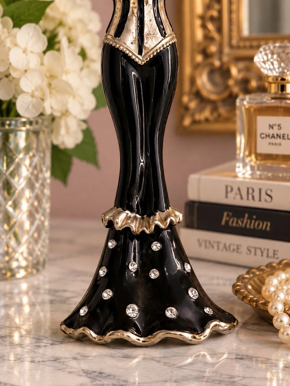 Vintage Rue Molière Black Enamel Dress Photo Card Holder Rhinestone Glam
